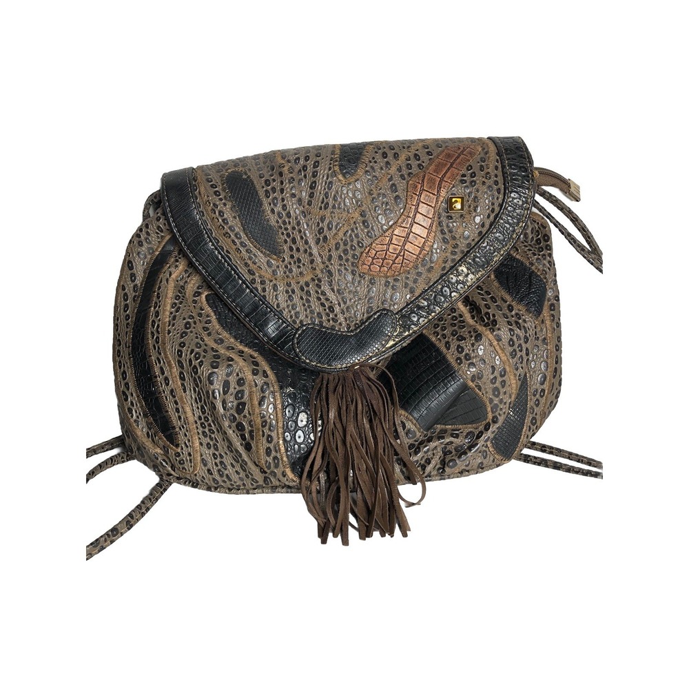 Vtg 80s Alentino Nas Crossbody Bag Boho Faux Reptile Tassel Statement FRGR SMELL - Picture 3 of 16